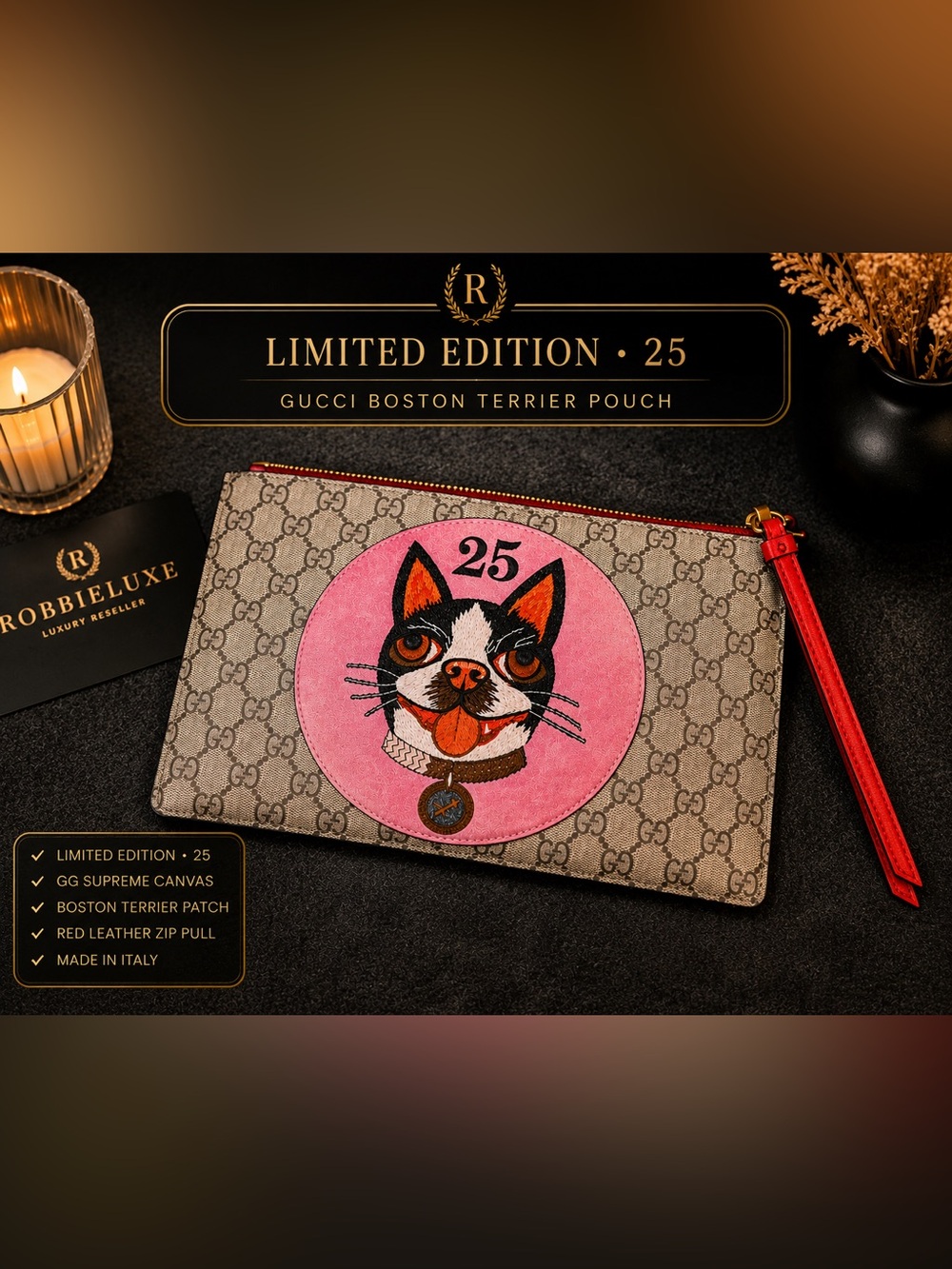 Gucci Limited Edition Bosco Boston Terrier GG Supreme Clutch Pouch - Picture 6 of 6